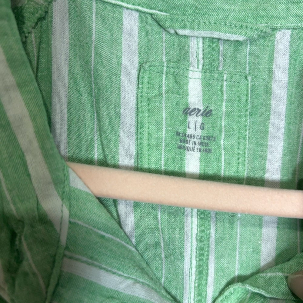 Aerie Linen Blend Cover Up Shirt Womens Sz L Green Striped Semi Sheer Pocket - Picture 4 of 8